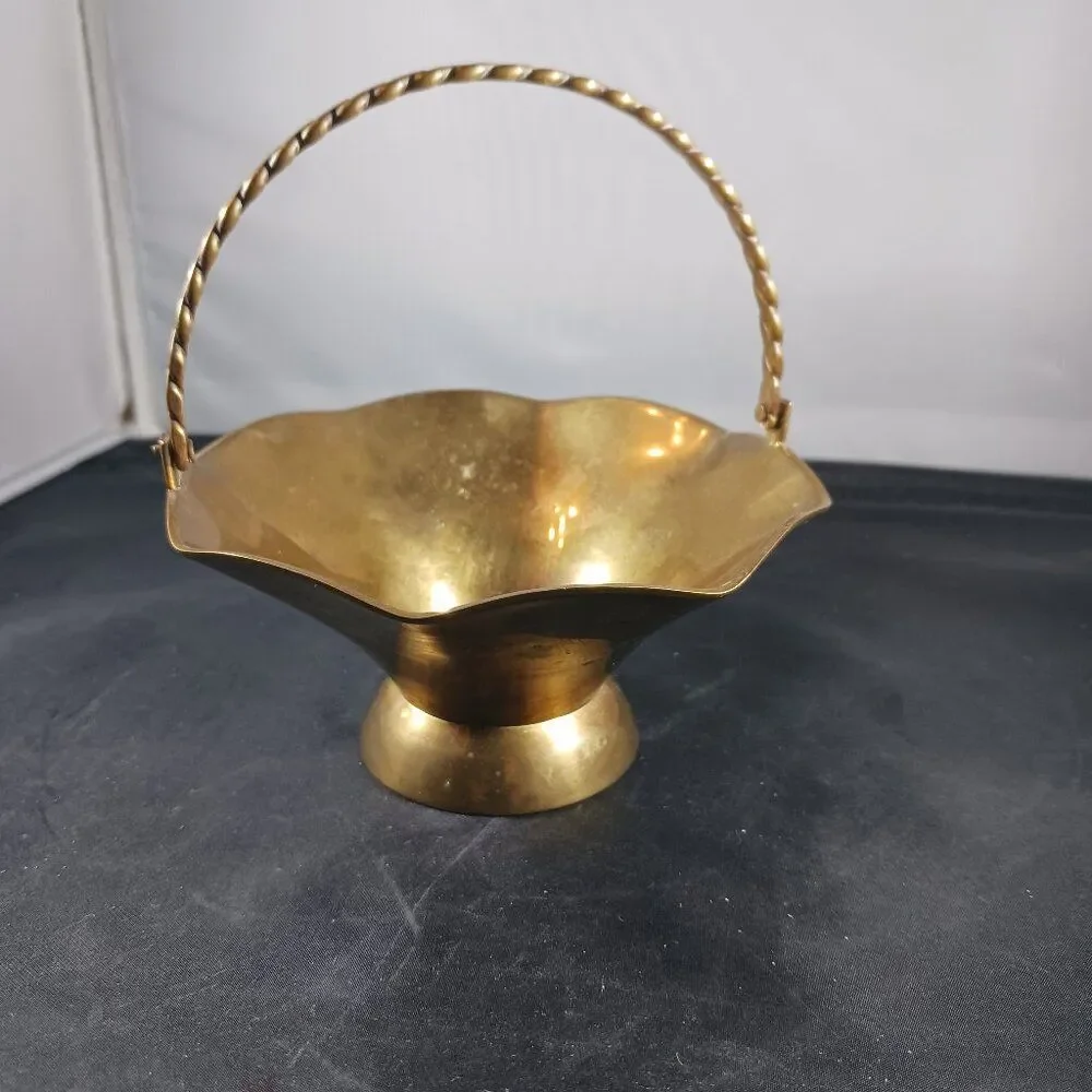 Vintage Small Solid Brass Basket with Handle